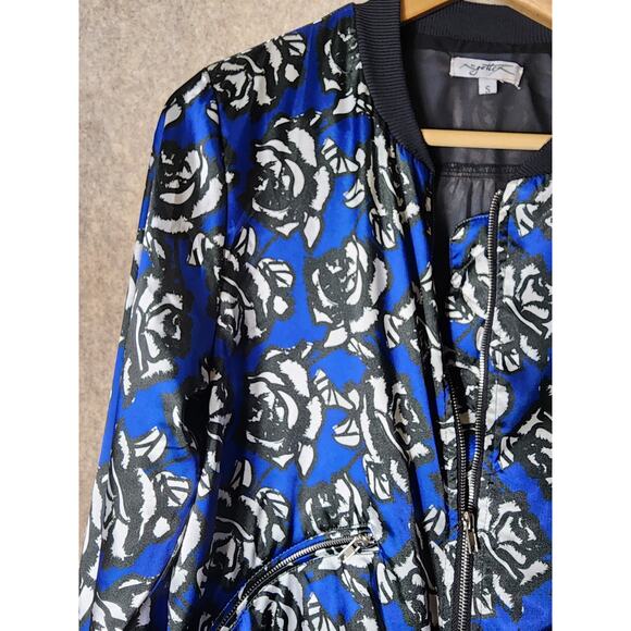 X by GOTTEX Blue Black White Floral Satin Y2K 90s Bomber Jacket SZ S - Picture 5 of 10